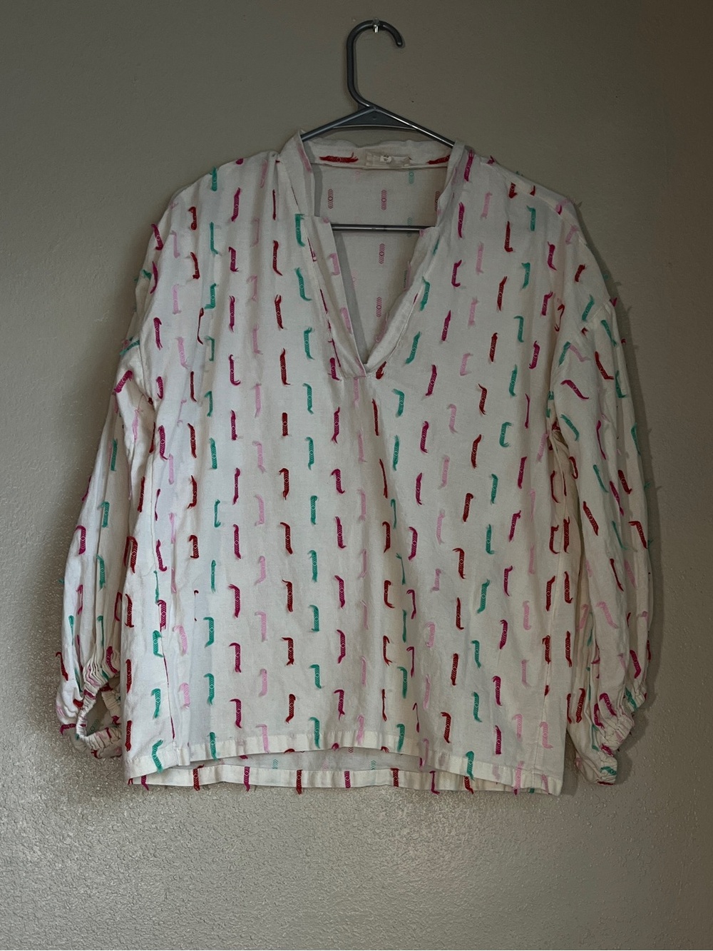 Lou & Grey Cream Top with Red and Teal Dash Accents